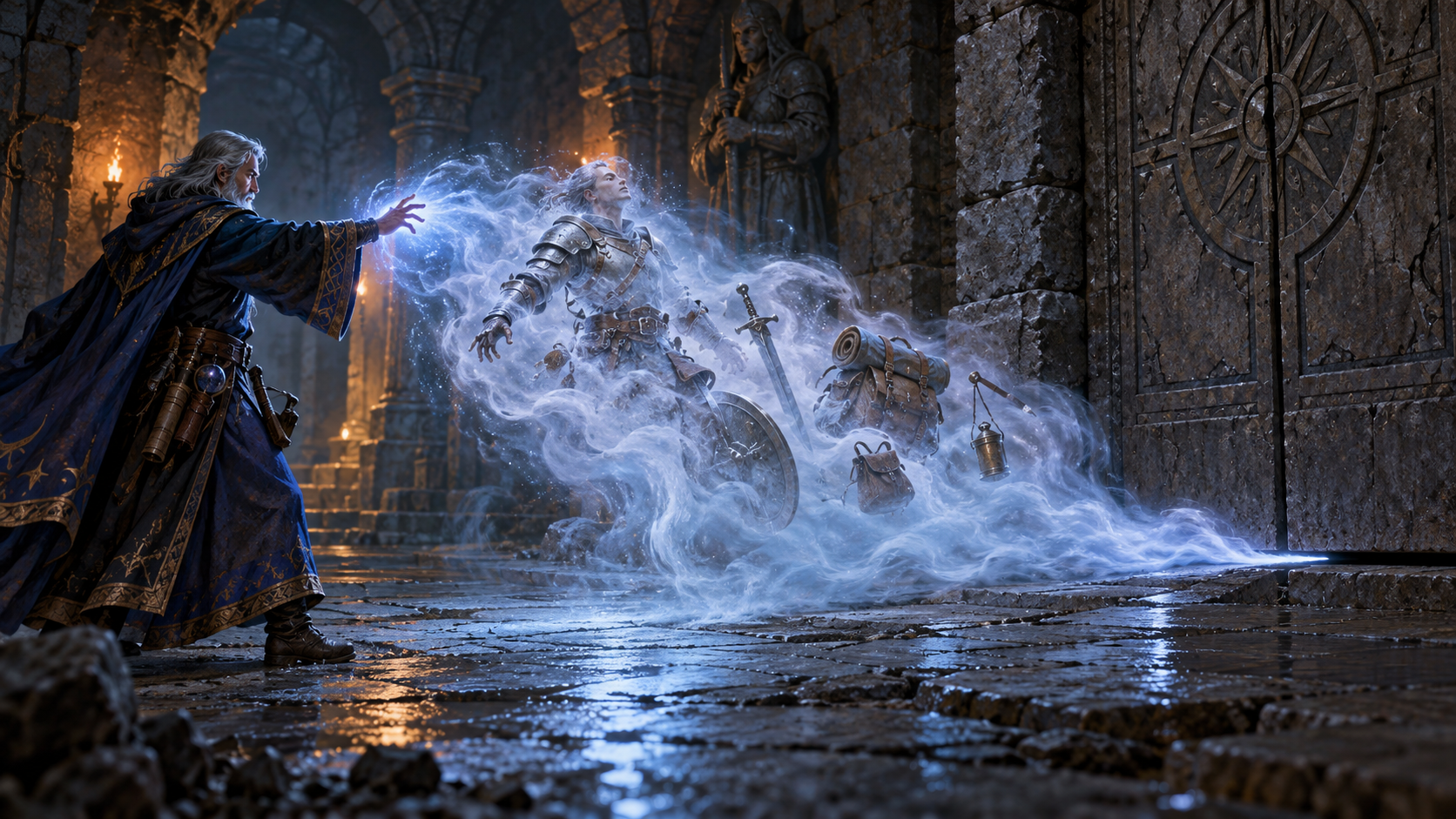 A wizard transforming an armored adventurer into mist with Gaseous Form