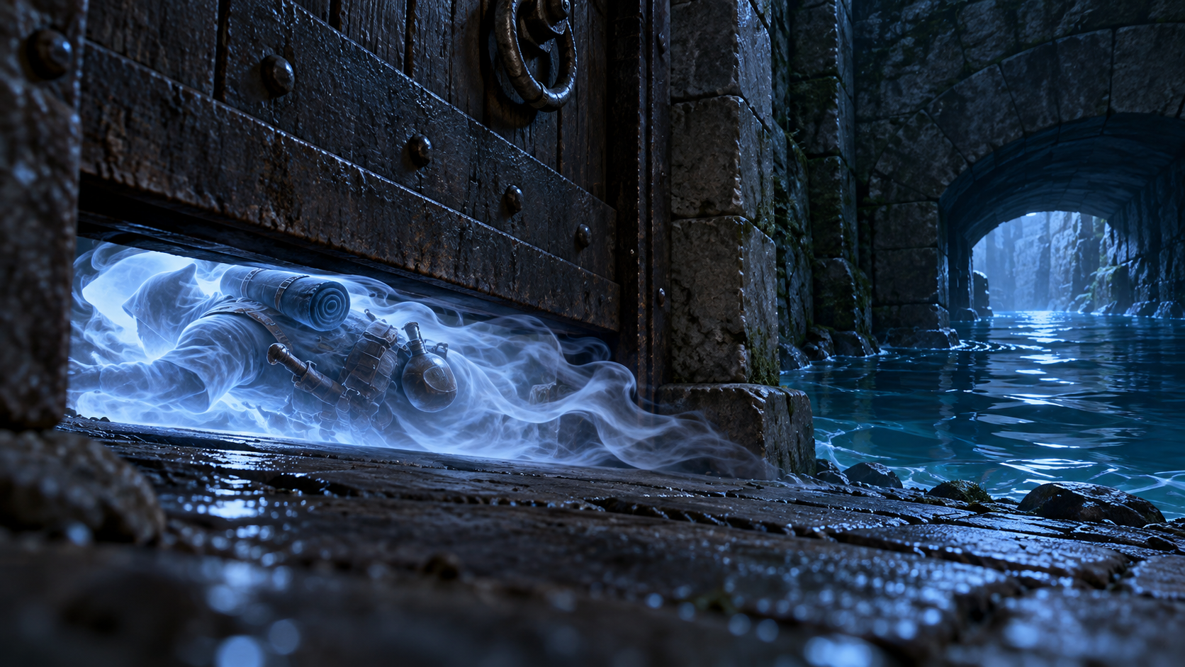 An adventurer in Gaseous Form slipping under a locked door beside a flooded passage