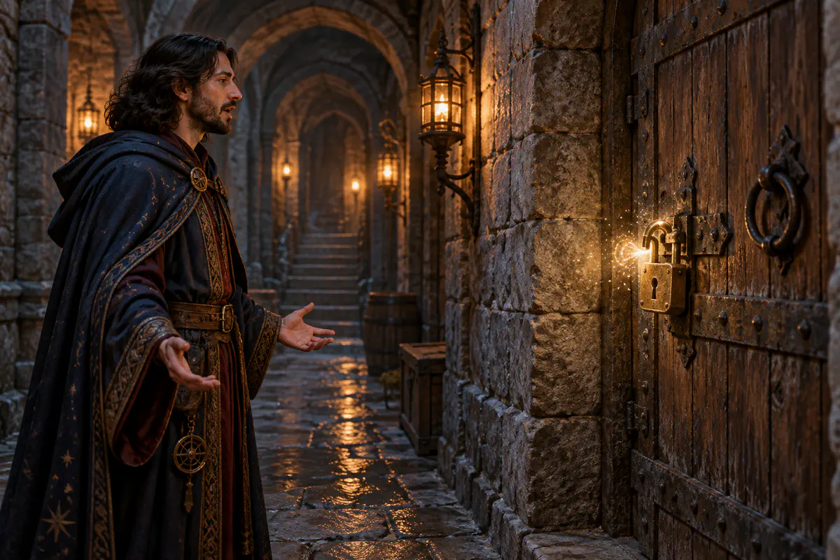 A wizard speaks Knock toward an oak door as its brass padlock releases while the door remains closed