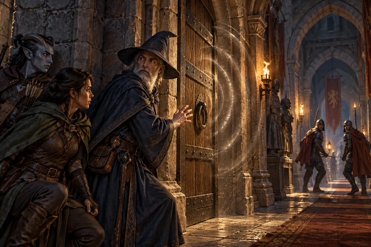 Distant sentries turn toward a dungeon door after the loud sound created by Knock