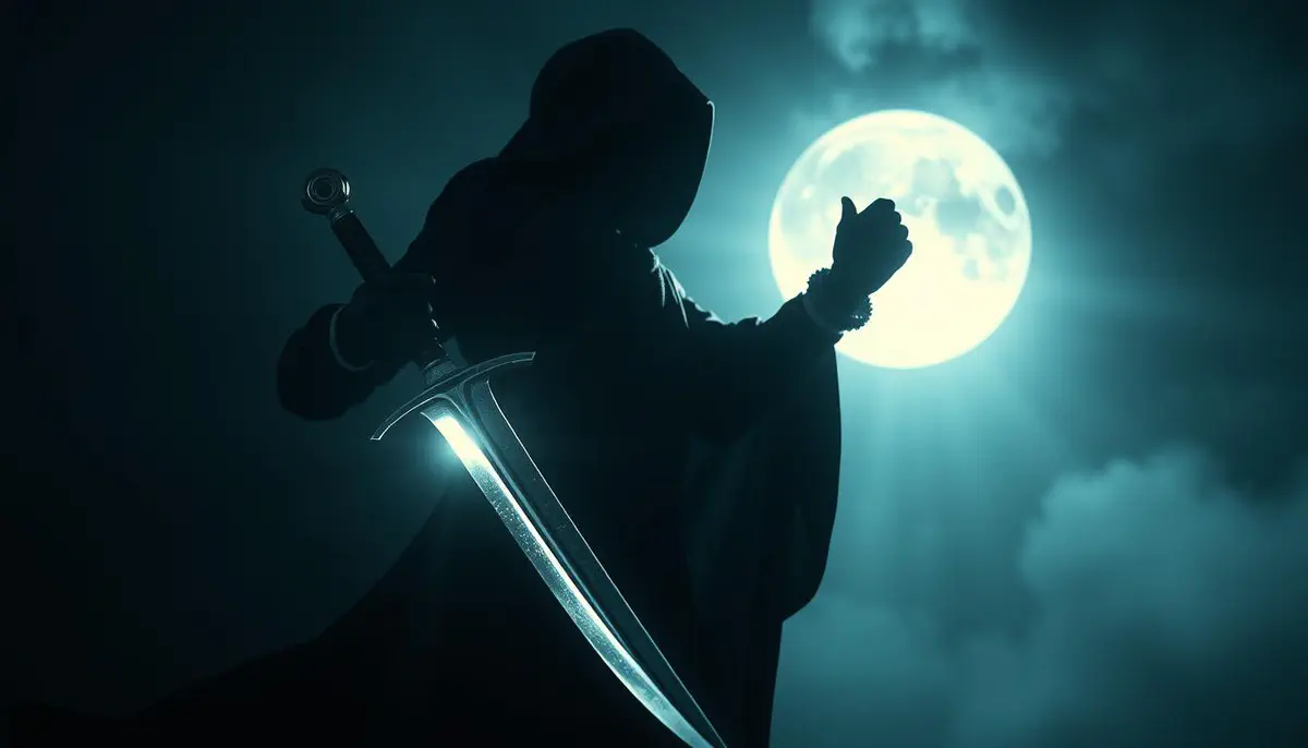 A spellcaster holding a sword woven from shadow magic