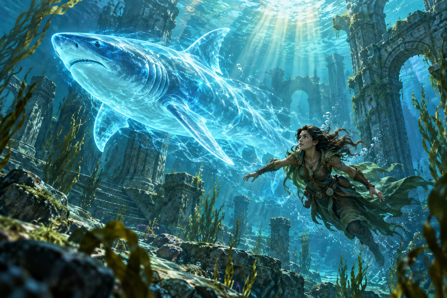 The Water form of a Bestial Spirit exploring submerged ruins
