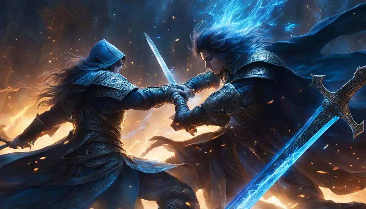 Spectral swords erupt around an adventurer surrounded by enemies