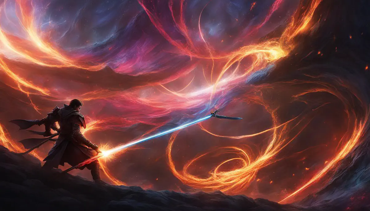 Arcane blades striking several creatures around a surrounded mage