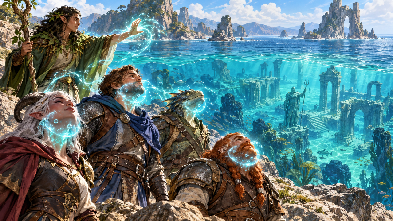A druid casting Water Breathing on an adventuring party beside the sea