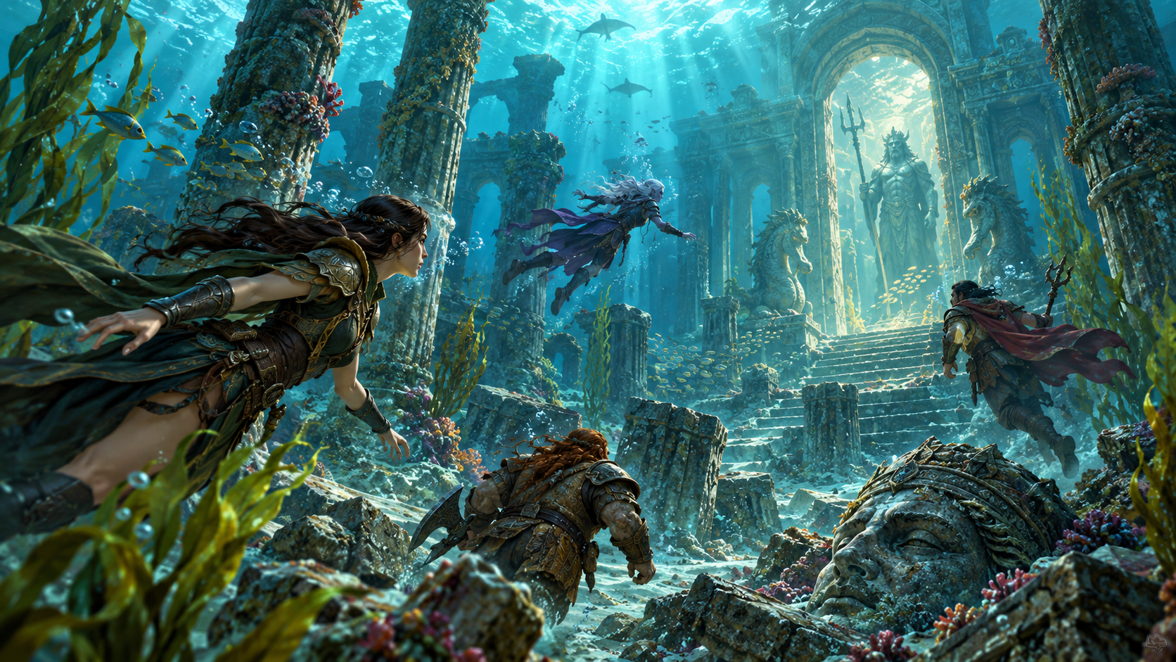 Adventurers breathing underwater while exploring a submerged temple