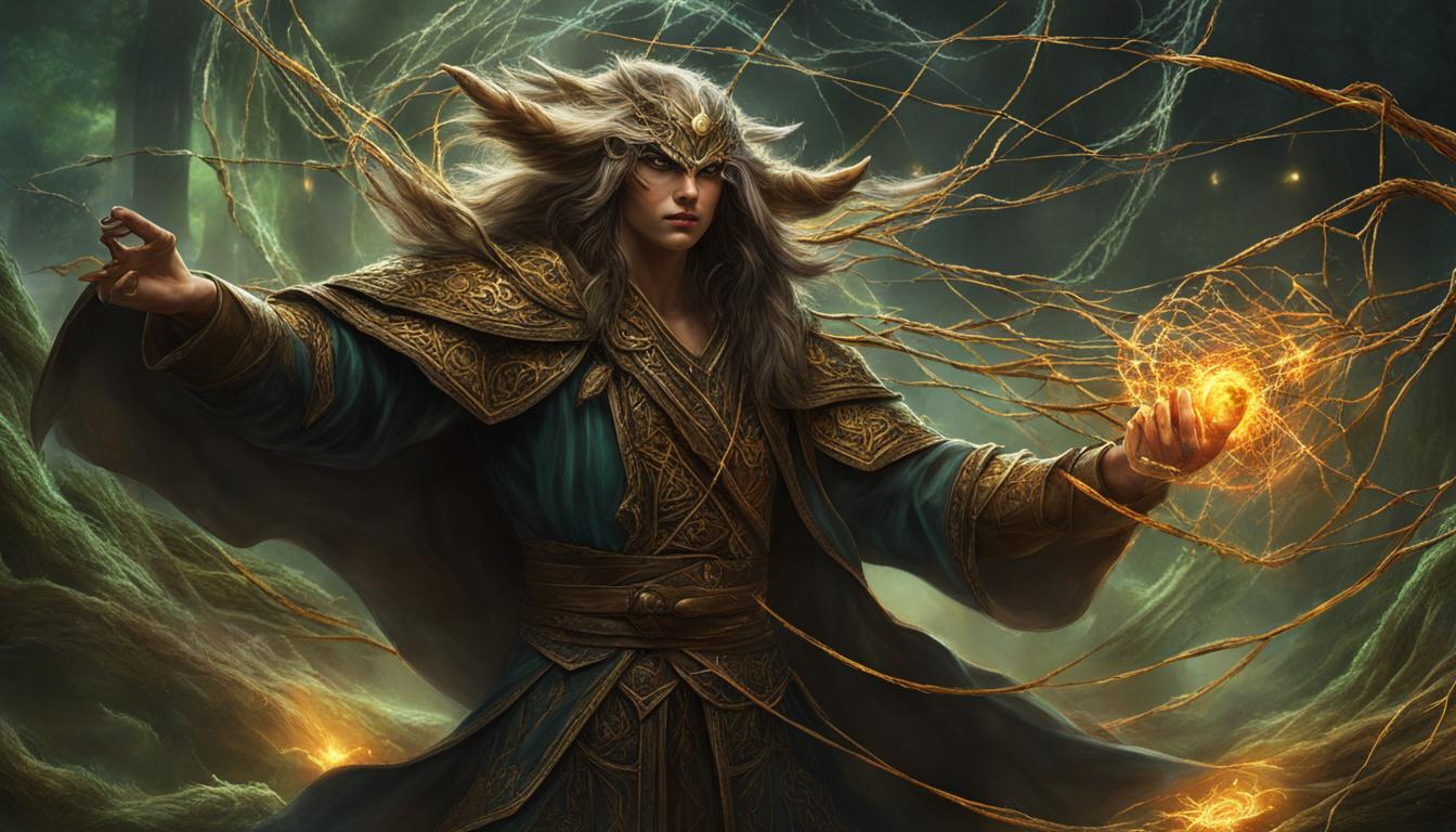 A spellcaster conjuring magical webbing throughout a forest battlefield
